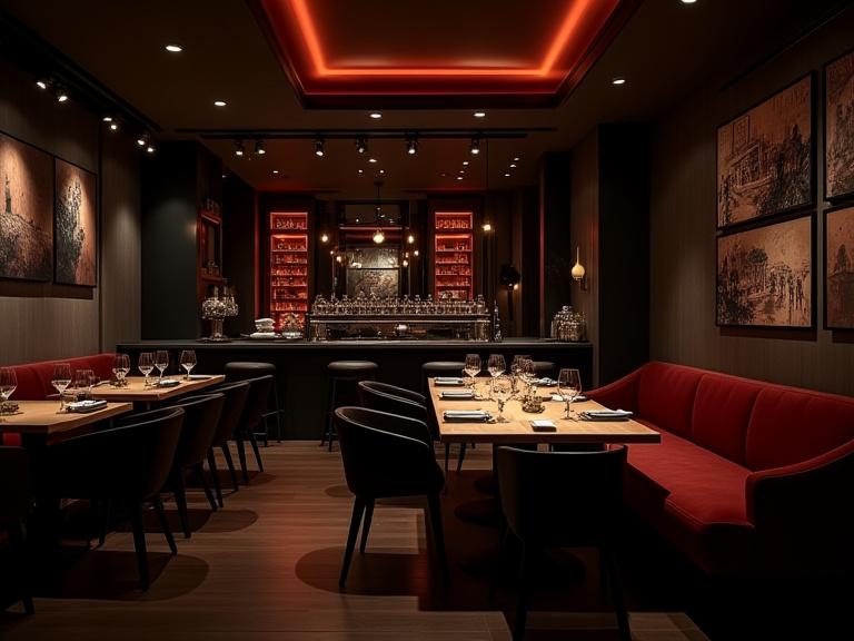 Interno della sala del ristorante con tavoli apparecchiati e luci soffuse